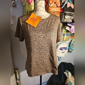 Stephanie Andrews Leopard Print Short Sleeve Blouse Large Animal